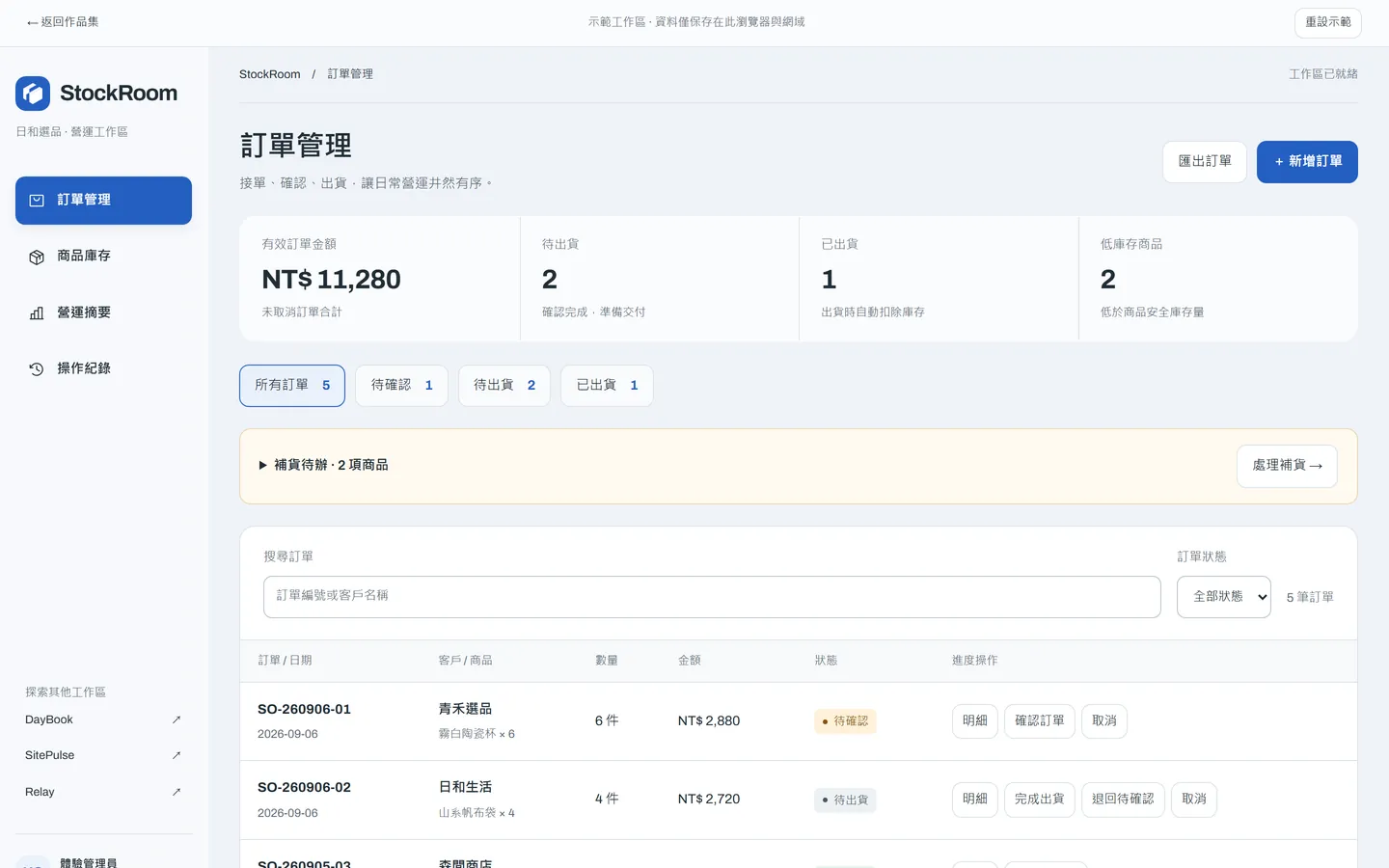 StockRoom 訂單管理畫面:本月營收與訂單統計、訂單列表與處理狀態